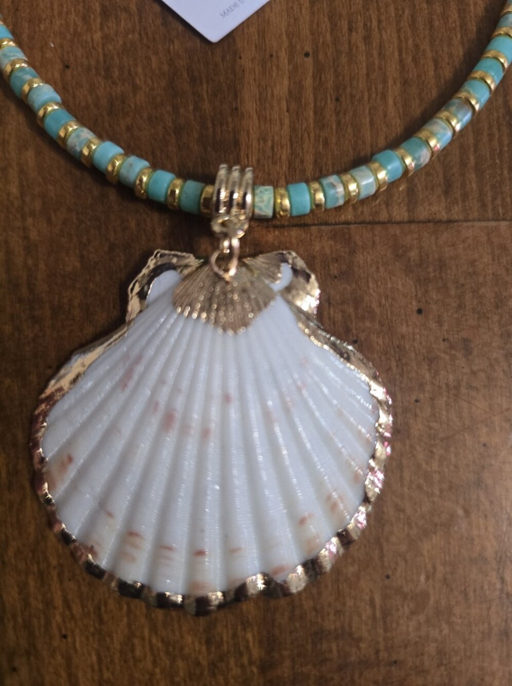 Turquoise Beaded Necklace with Gold-Trim Shell Pendant - Picture 4 of 5